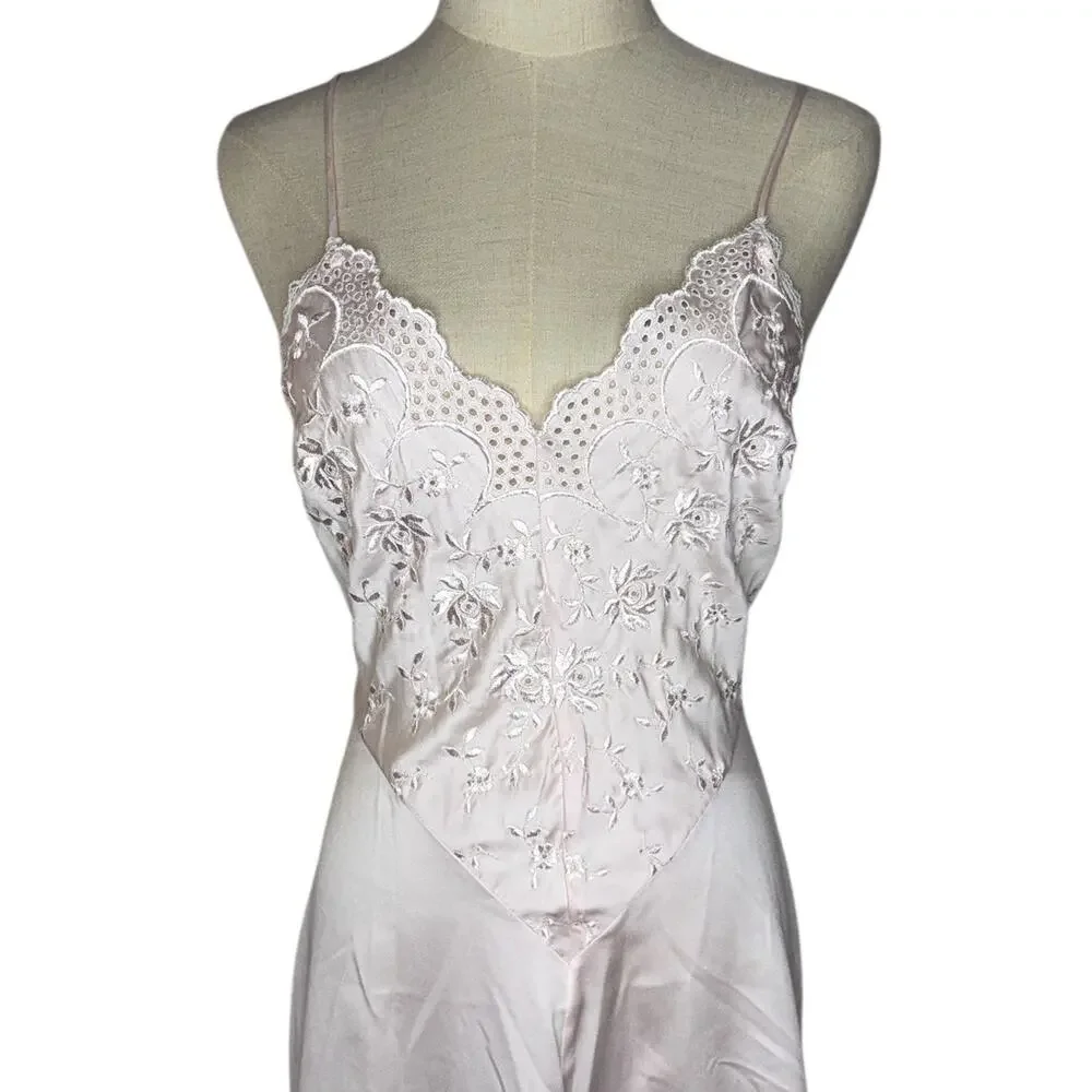Vintage Victoria Secret Dainty Embroidered Pink Slip Halter Dress Size Small